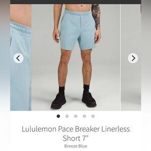 Lululemon men’s Pacebreaker 7” linerless blue shorts
